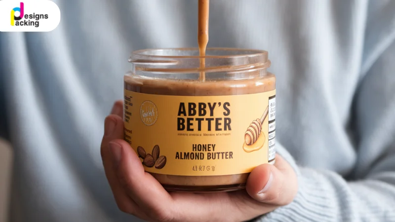 เนยถั่วอัลมอนด์ "Abby's Better" ในมือคน พร้อมฉลากที่เน้นตัวหนังสือชัดเจน