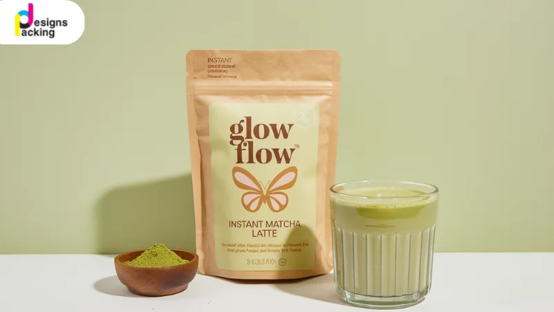 ซองบรรจุภัณฑ์กระดาษคราฟท์ Matcha Latte วางคู่กับแก้วมัทฉะร้อนและผงชาเขียว"